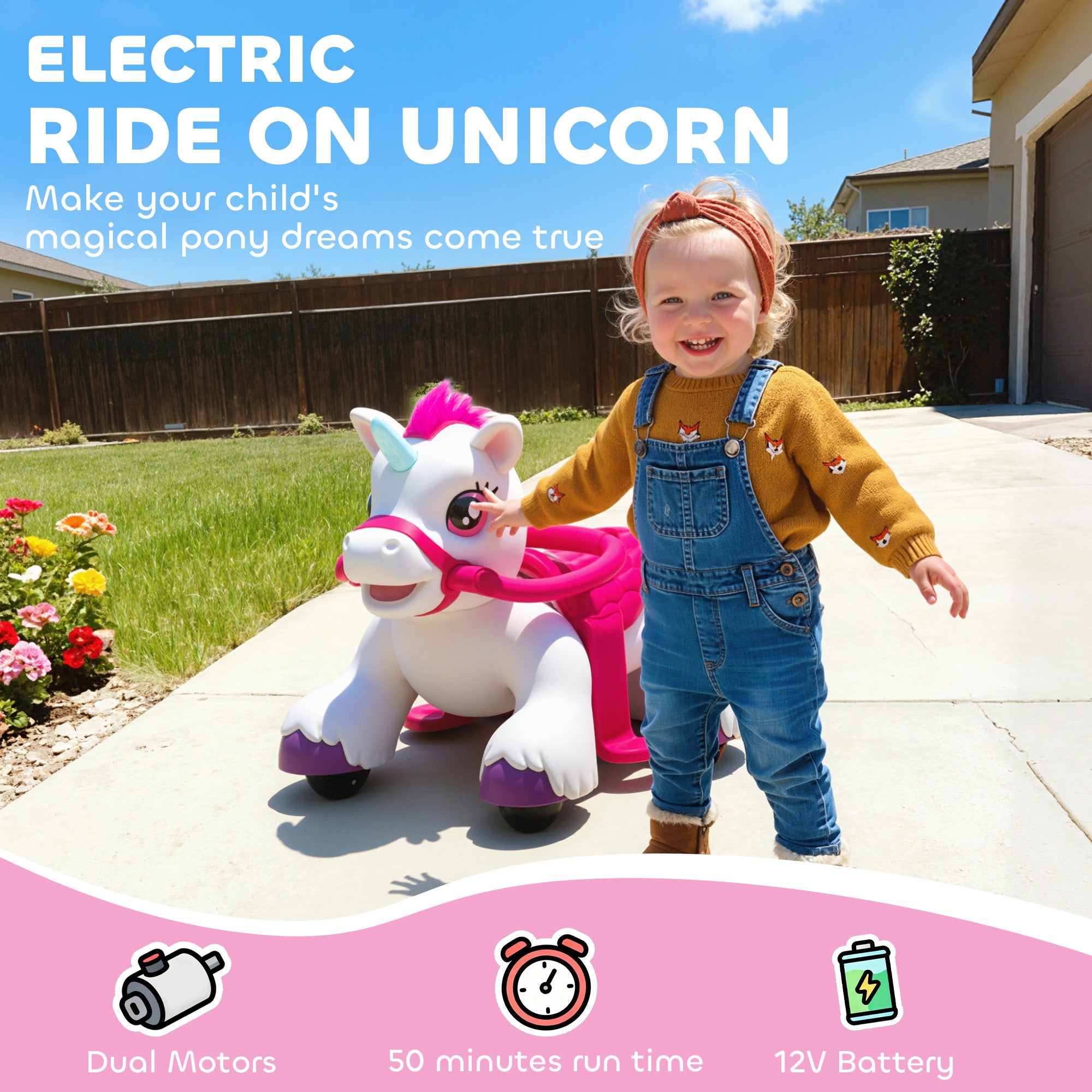12V Unicorn Ride on Horse with Carrot Toy, Comb, Animal Sounds, for Girls Boys Aged 1.5-3 Years Old