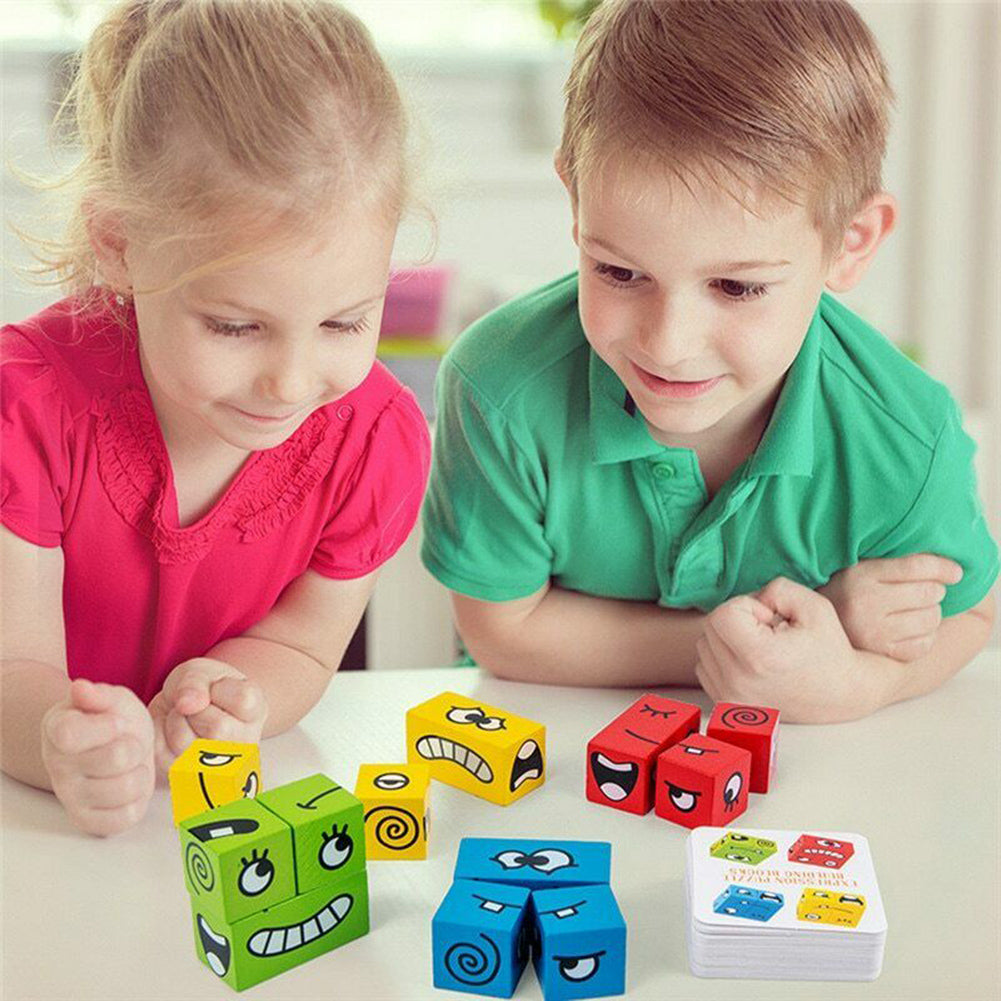 Wooden Expressions Toy Magic Cube Face Pattern Building Blocks Educational Montessori Toys