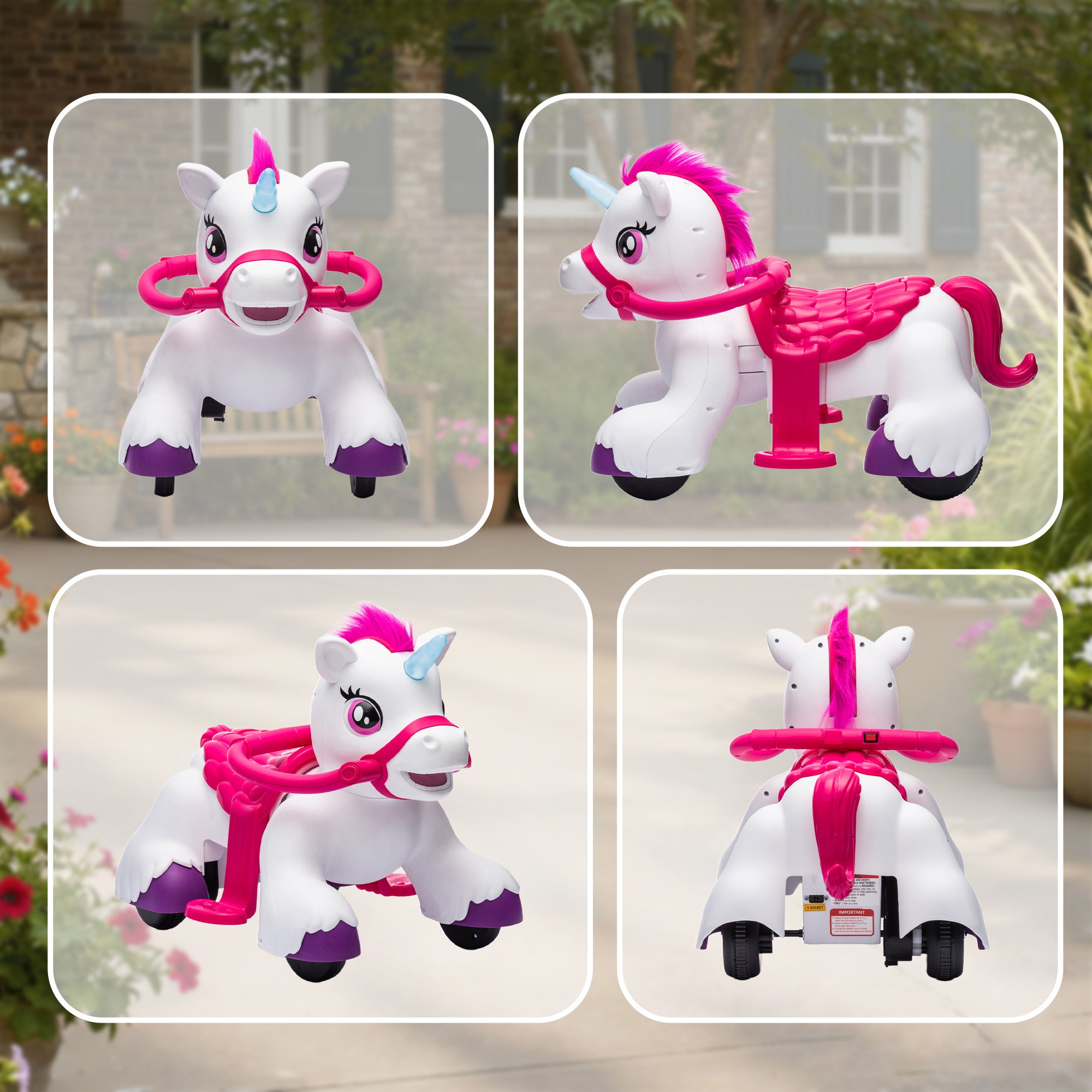 12V Unicorn Ride on Horse with Carrot Toy, Comb, Animal Sounds, for Girls Boys Aged 1.5-3 Years Old
