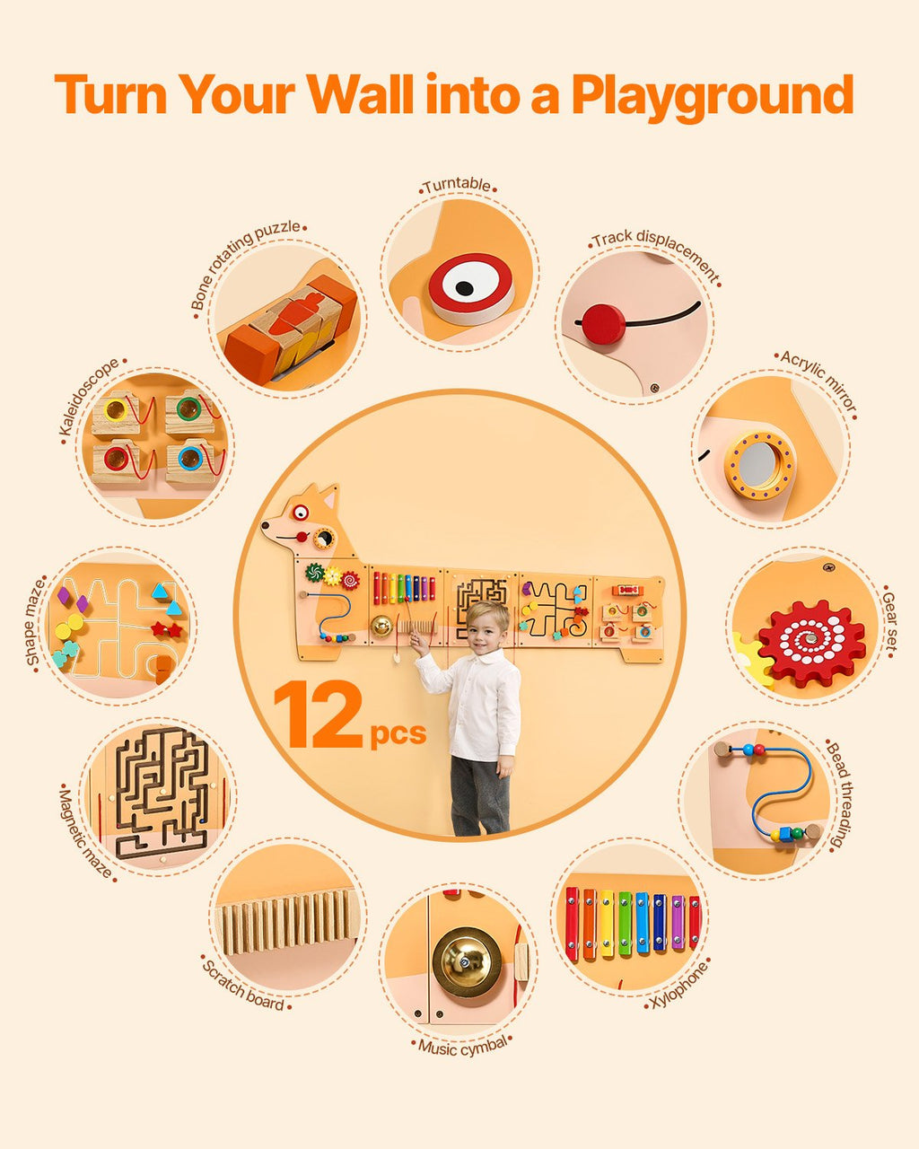 Puppy Activity Wall Busy Board Panels, 12 Activities, Montessori Sensory Wall Toy For Kids 3-12 Years, Montessori Learning Activity Center, Ideal For Toddler Playroom Nursery Classroom