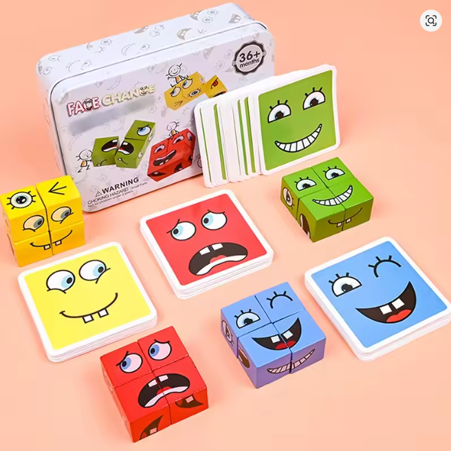 Face Changing Building Blocks Iron box Toy Wooden Face-changing Cube Board Game Montessori Kids Educational Blocks Party Games