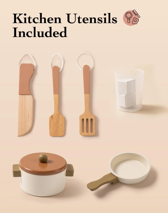 Wooden Play Kitchen Set for Kids - Pretend Play Toy with Ice Cube Dispenser, Mocha Finish, for Boys & Girls Age 3+