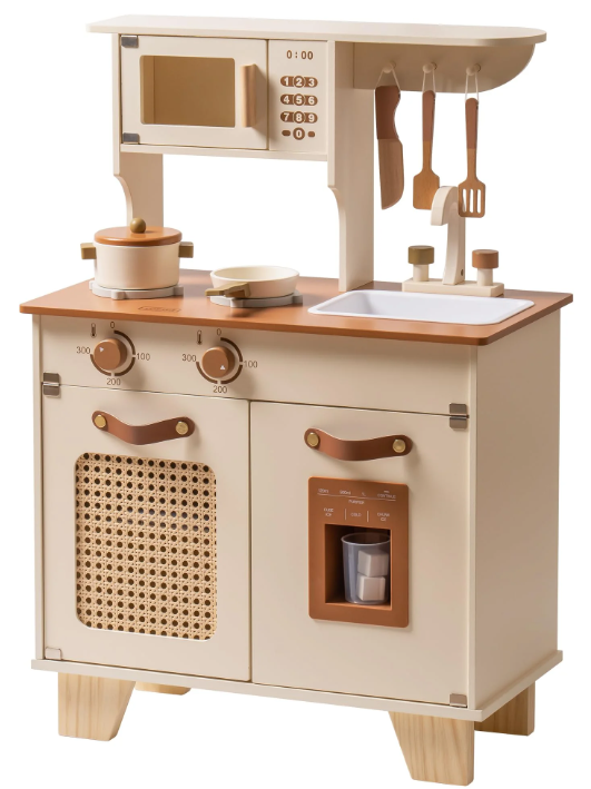Wooden Play Kitchen Set for Kids - Pretend Play Toy with Ice Cube Dispenser, Mocha Finish, for Boys & Girls Age 3+