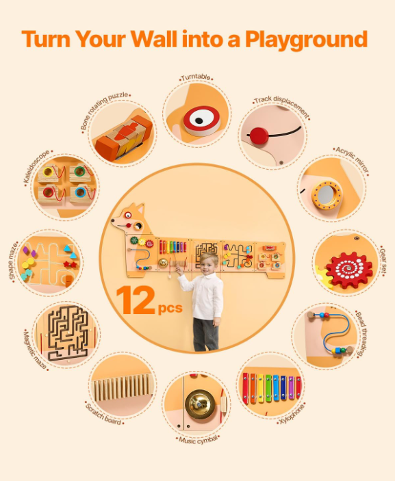 Puppy Activity Wall Busy Board Panels 12 Wall Activities Board, Montessori Sensory Wall Panel for Kids 3-12 Years