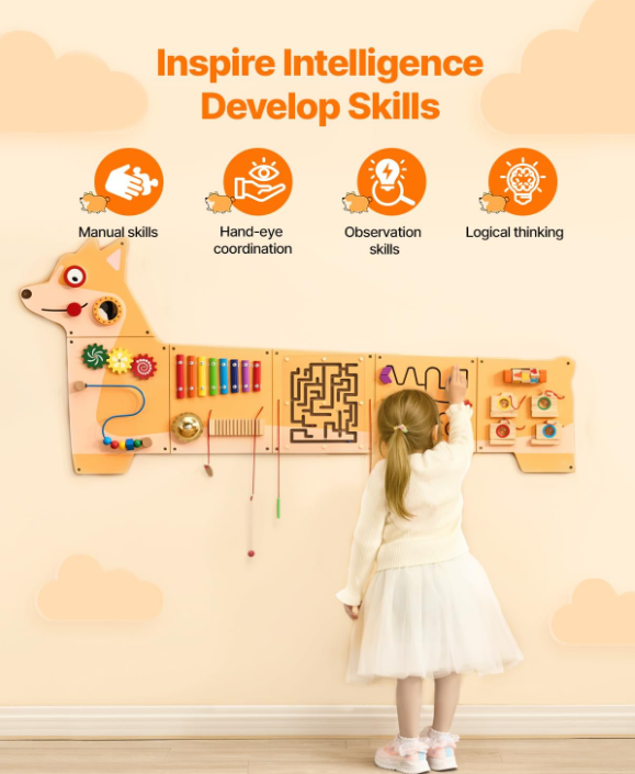 Puppy Activity Wall Busy Board Panels 12 Wall Activities Board, Montessori Sensory Wall Panel for Kids 3-12 Years
