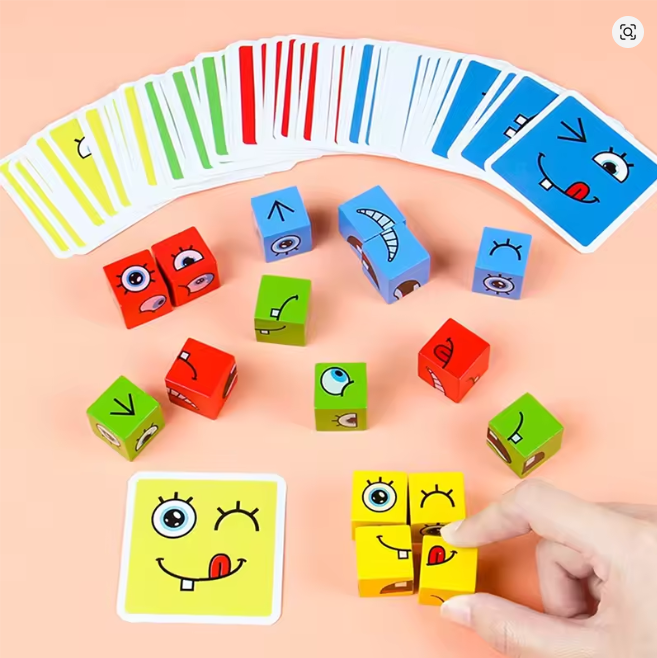 Face Changing Building Blocks Iron box Toy Wooden Face-changing Cube Board Game Montessori Kids Educational Blocks Party Games