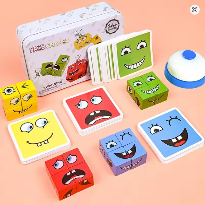 Face Changing Building Blocks Iron box Toy Wooden Face-changing Cube Board Game Montessori Kids Educational Blocks Party Games
